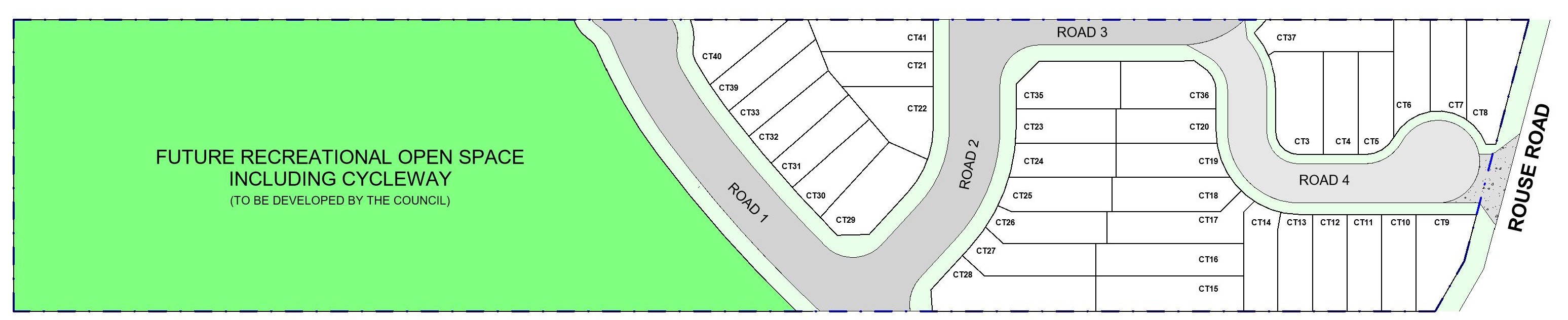 Subdivision site plan of Signature at Rouse Hill Park showing lots CT3 through CT41 across four internal roads, adjoining future recreational open space with cycleway to be developed by council along Rouse Road
